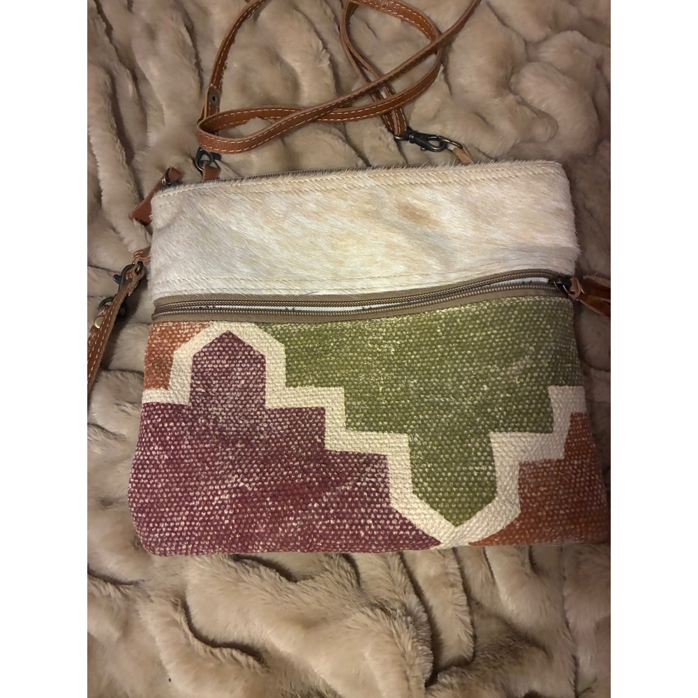 Myra Bag Hair-on-Hide Kilim Woven Canvas Crossbody Bag with Leather Strap